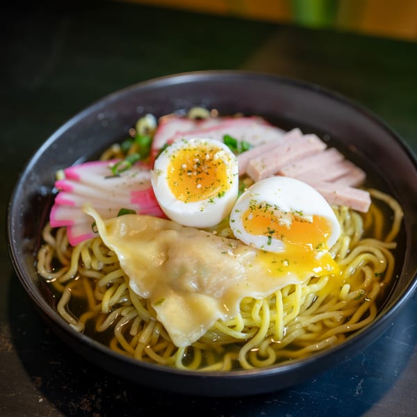 A bowl of ramen with noodles, broth, sliced ham, fish cake, dumplings, and two soft-boiled eggs.