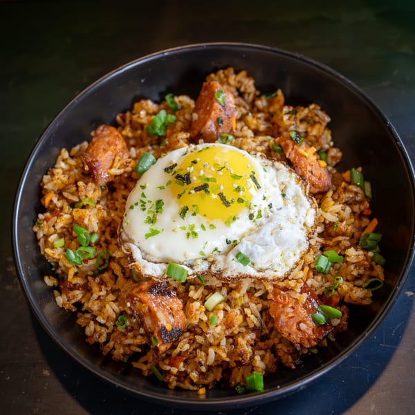 Pasifika NW Grill & Bar's fried rice with sausage, green onions, and a sunny-side-up egg.