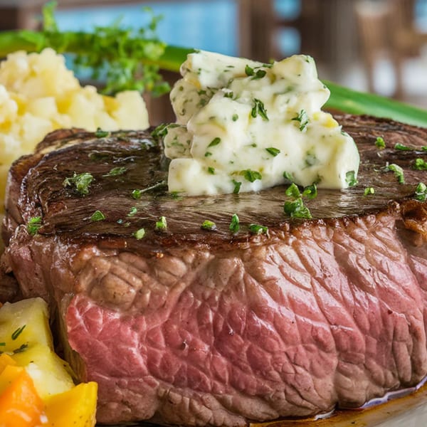 Pasifika NW Grill & Bar's medium-rare steak topped with herb butter, mashed potatoes, and vegetables.