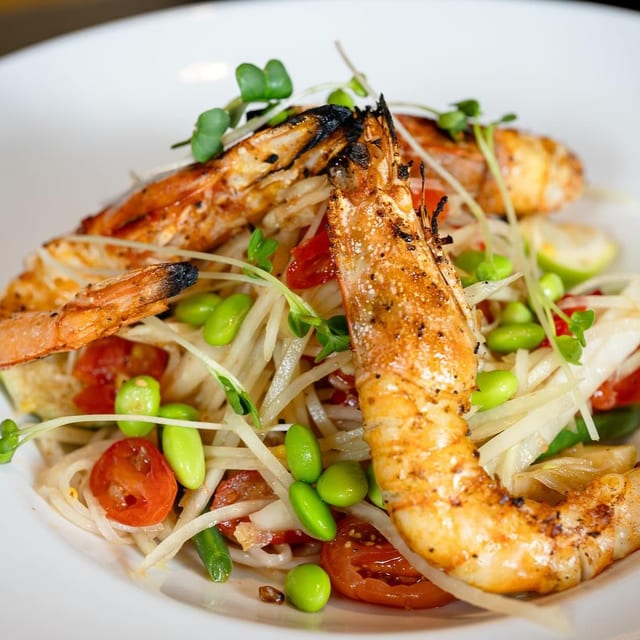 Spicy Green Papaya Salad w/ Grilled Prawns (GF).