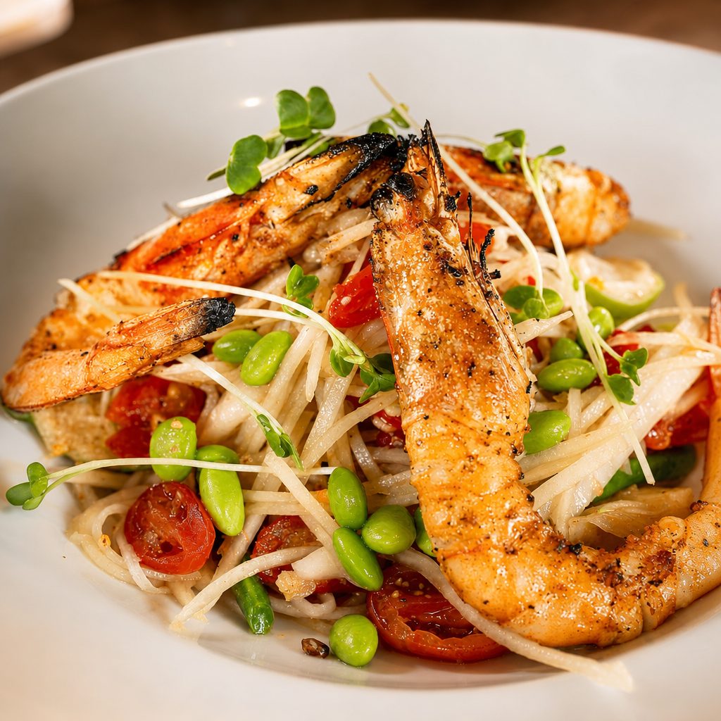 Spicy Green Papaya Salad w/ Grilled Prawns (GF).